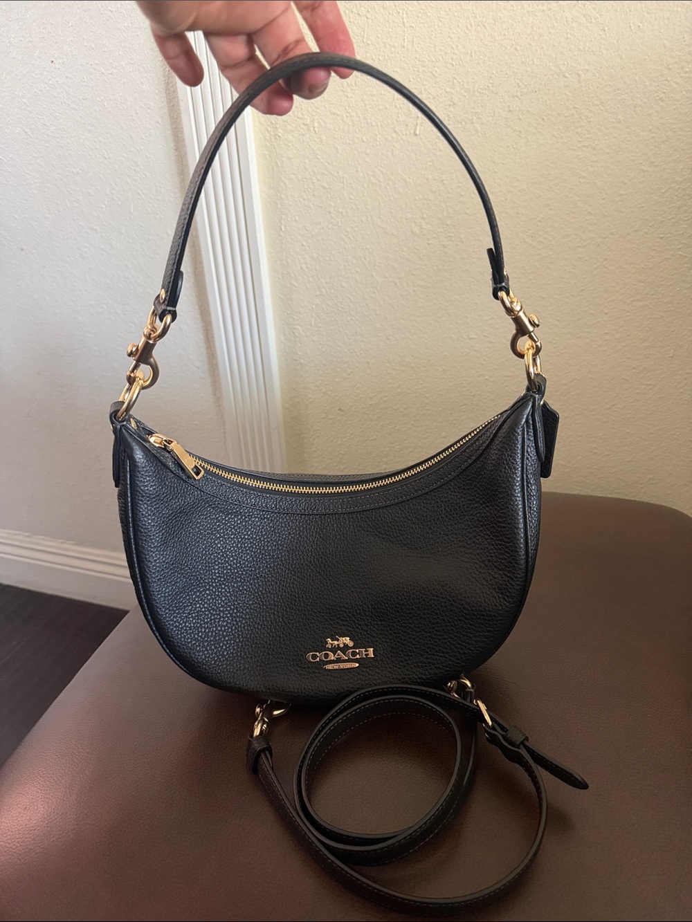 Coach Black Pebbled Leather Crescent Shoulder Bag with Gold Hardware - Picture 7 of 9